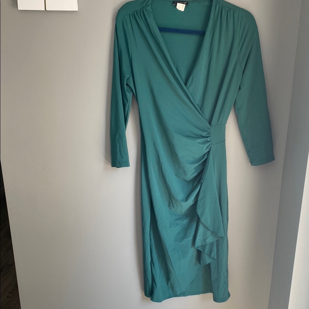 056. VENUS Blue Ruched Wrap Dress 3/4 Sleeve
